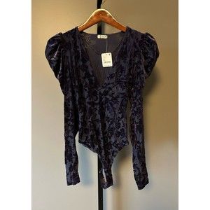 NWT Free People Velvet Bodysuit Deep Sea Combo V-Neck Puff Sleeve - Size XS